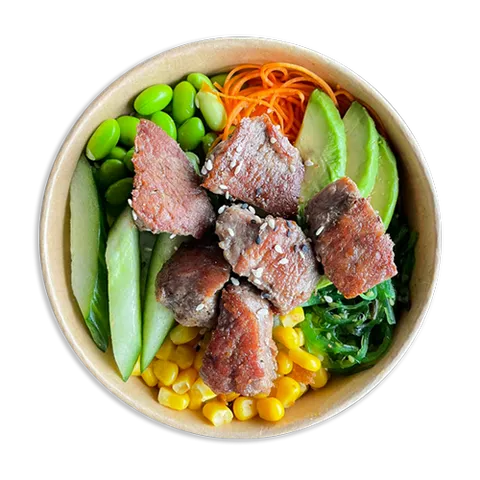 Poke bowl flamed beef