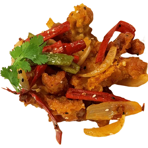 Saute diced chicken with hot peppers