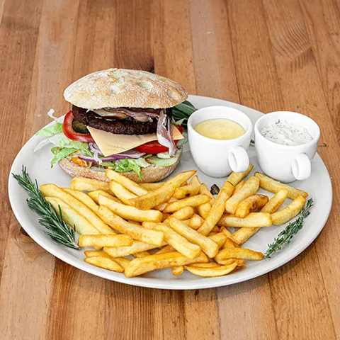 Mushroom BBQ bacon burger menu
