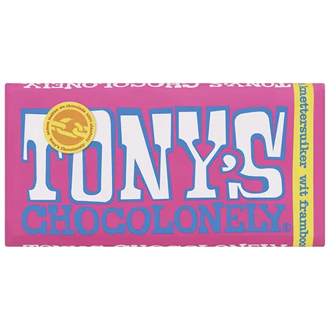 Tony's chocolonely tablet wit framboos knettersuiker 180 gram