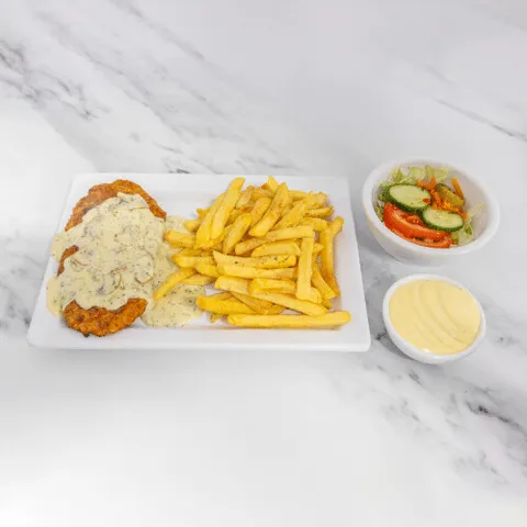 Schnitzel champignon-roomsaus schotel