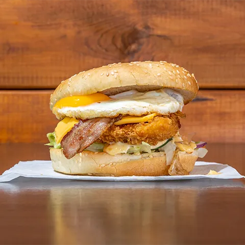 Chicken egg bacon cheeseburger