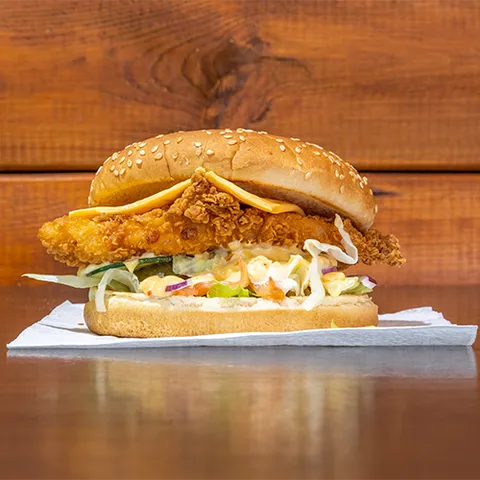 Crispy chicken cheeseburger