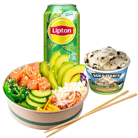 California poké bowl met Ben & Jerry's en Lipton Ice Tea