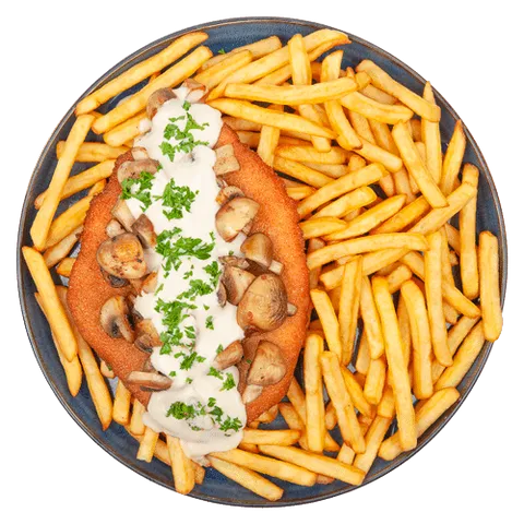 Loaded fries schnitzel champignon roomsaus