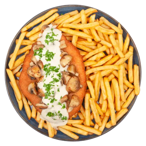 Loaded fries schnitzel champignon roomsaus