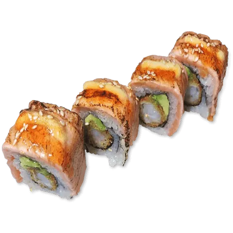 Geflambeerde zalm ebi tempura roll