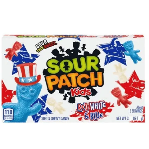 Sour patch kids rood, wit en blauw